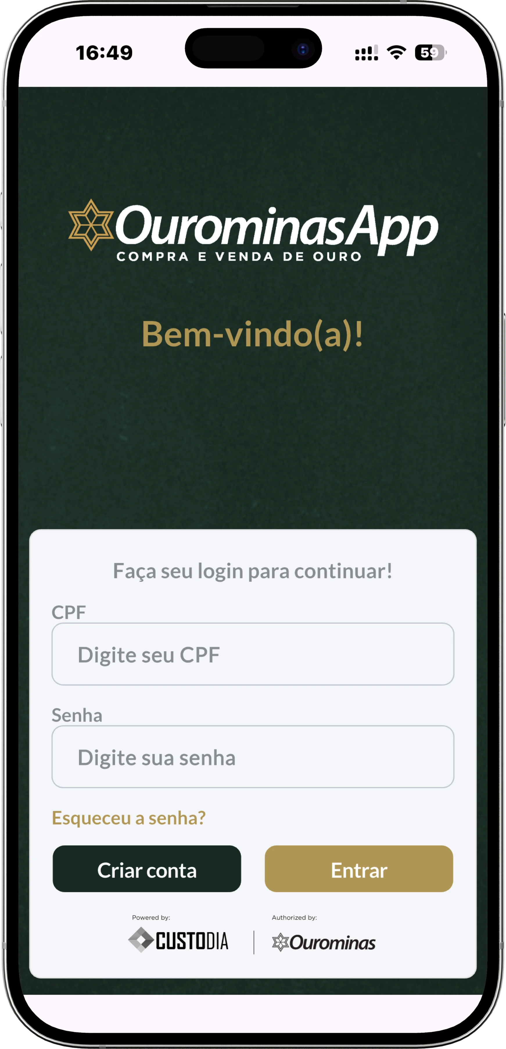 Tela completa de acesso ao OurominasApp